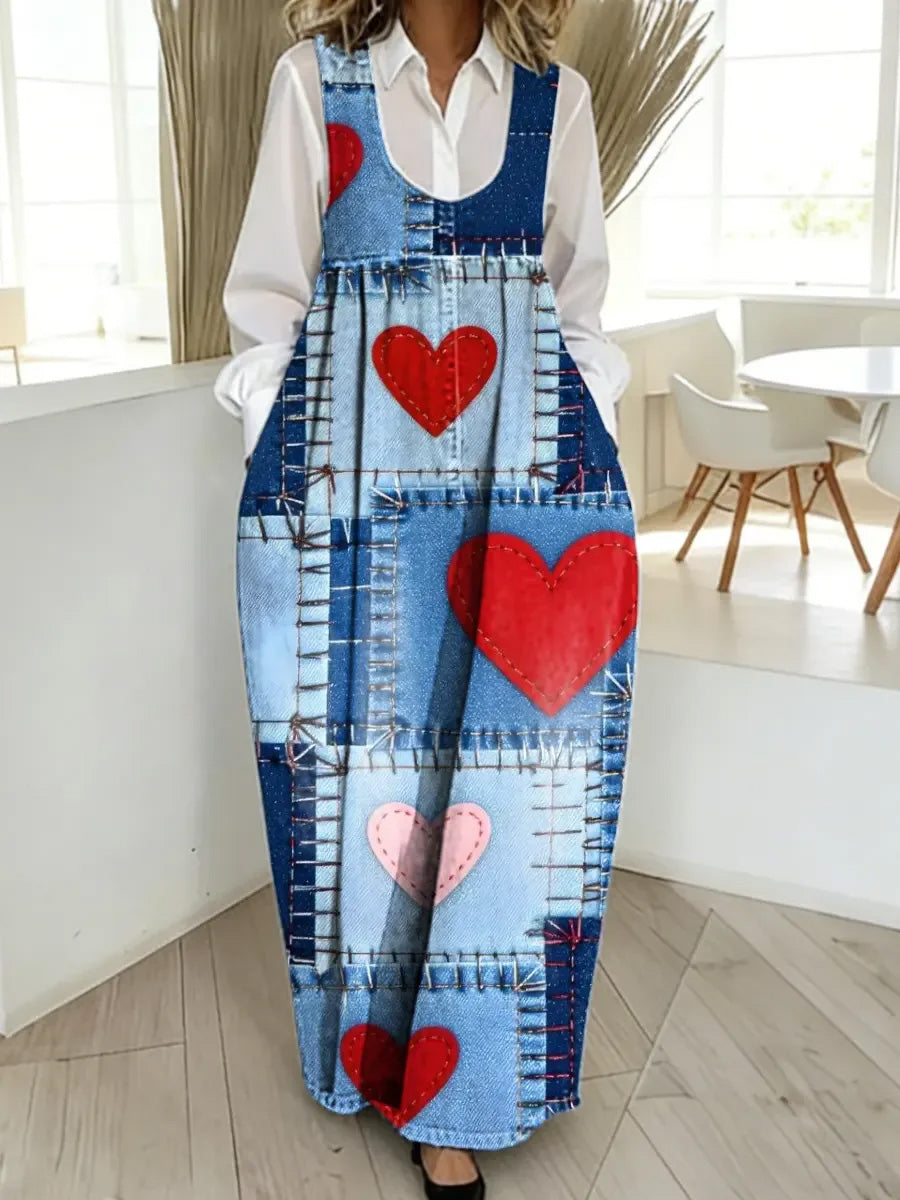 Women's Floral Art Print Washed Cotton Patchwork Pocket Shoulder Strap Dress